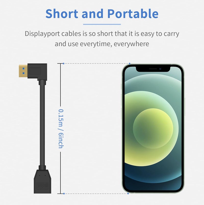 Poyiccot Right Angle Displayport 1.4 Cable, 90 Degree Displayport Extension Cable (8K/60Hz, 4k/144Hz), 32.4Gbps Short Display Port Male to Female DP 1.4 Cable Cord for PC, Laptop, 15cm - Image 3